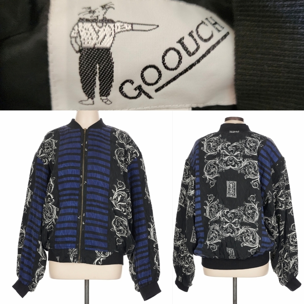Vintage 90s Goouch Mens L 100% Silk Bomber Jacket Eclectic Baroque Retro Funky
